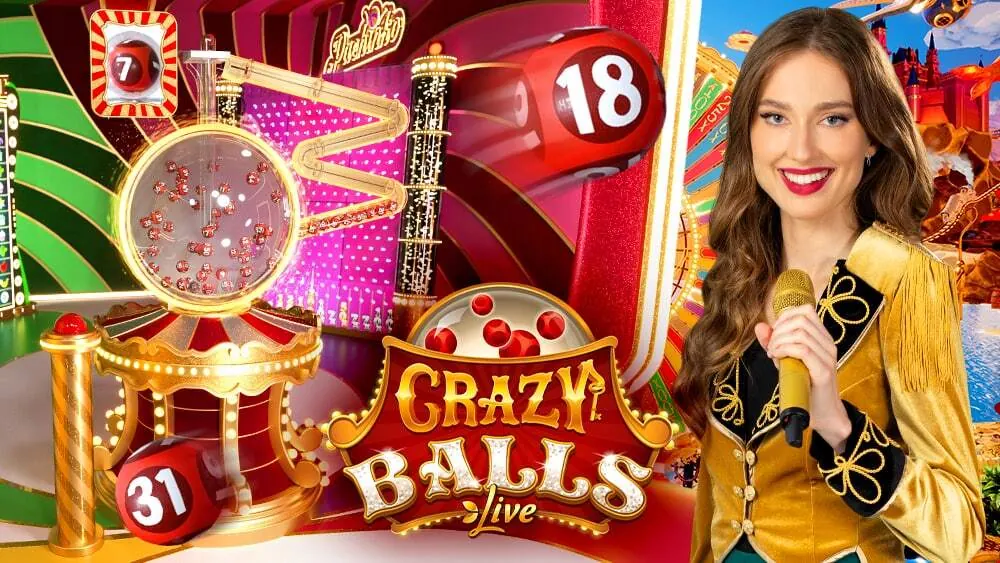 Crazy Balls: la conduttrice, le palline numerate e il logo del gioco