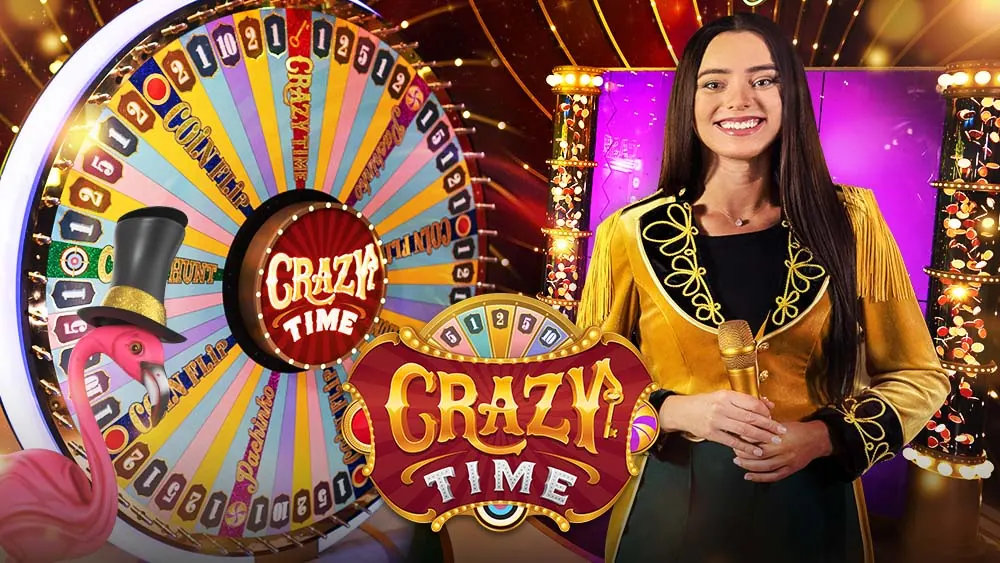 La ruota di Crazy Time con la conduttrice e il logo del gioco