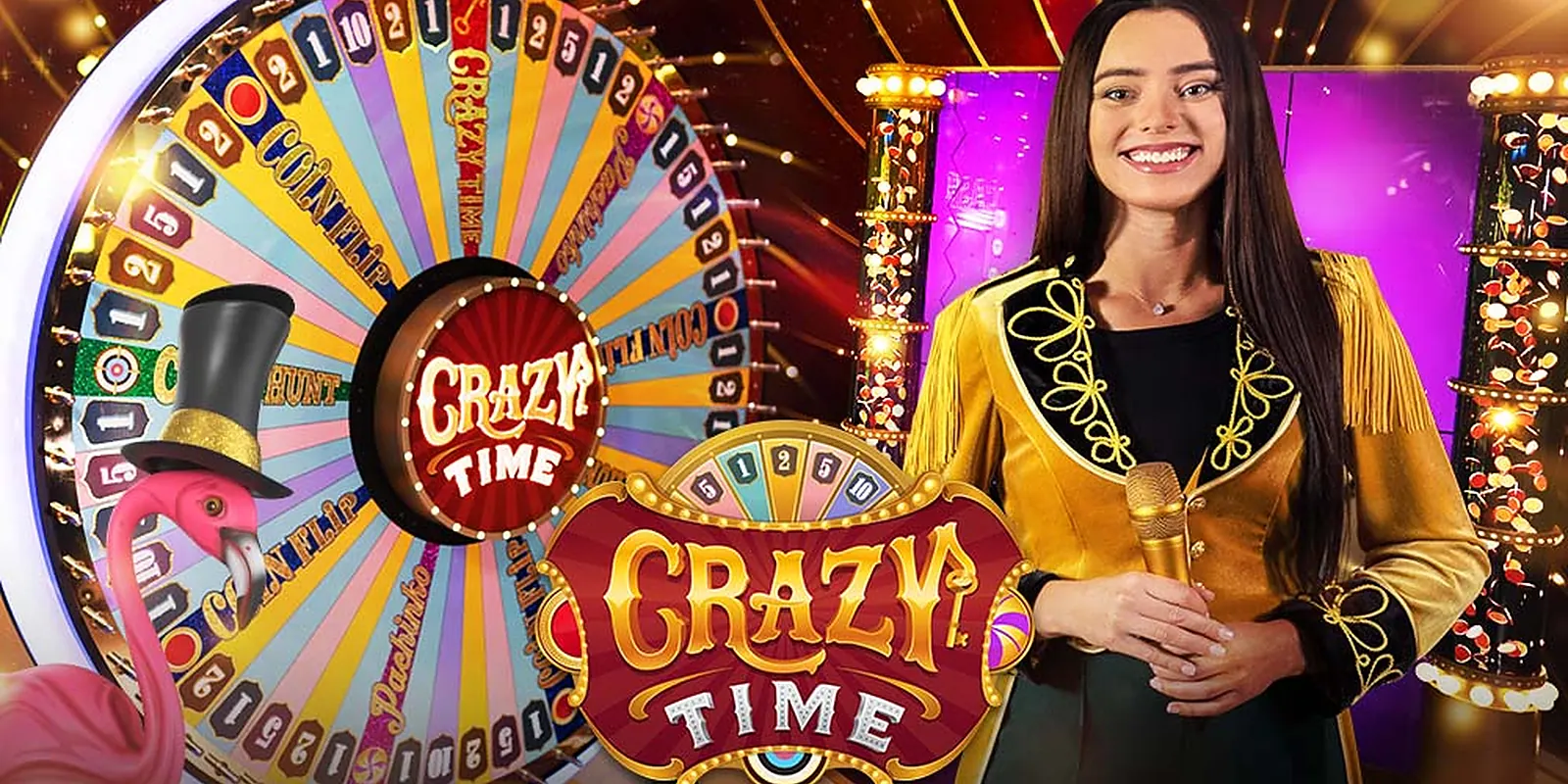 La conduttrice di Crazy Time davanti alla ruota da 54 settori