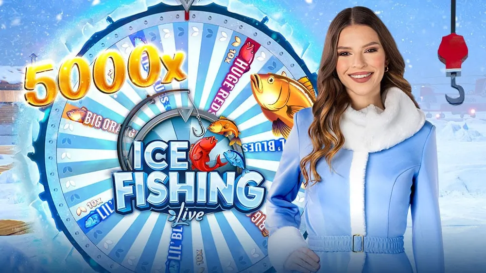 La conduttrice di Ice Fishing con la ruota e il logo del gioco