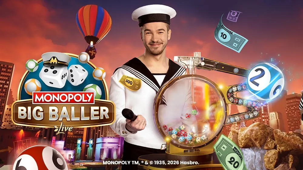 Monopoly Big Baller: il conduttore, le palline e il logo del gioco